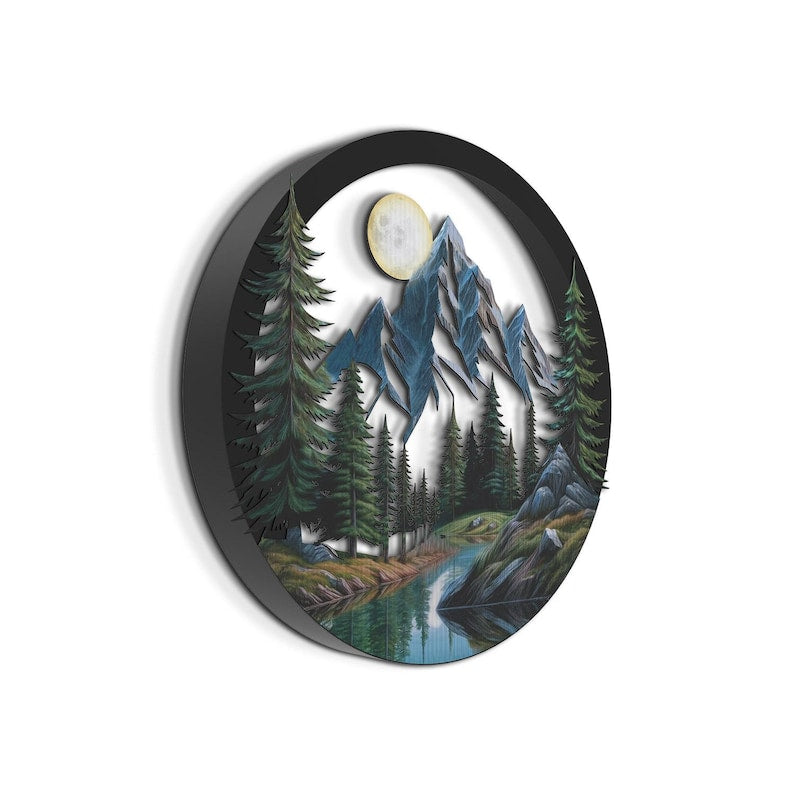 Pineglow Unique 3D Metal Mountain Wall Art, Landscape Wall Decor, Nature Mountain Decor, Lake and Tree Wall Art, Wall Hangings