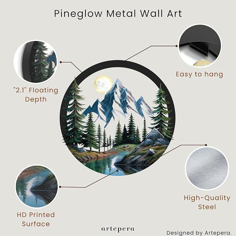 Pineglow Unique 3D Metal Mountain Wall Art, Landscape Wall Decor, Nature Mountain Decor, Lake and Tree Wall Art, Wall Hangings