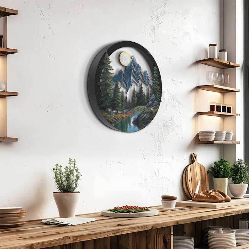 Pineglow Unique 3D Metal Mountain Wall Art, Landscape Wall Decor, Nature Mountain Decor, Lake and Tree Wall Art, Wall Hangings