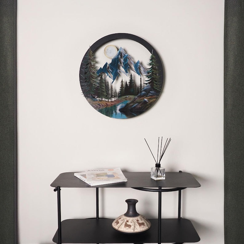 Pineglow Unique 3D Metal Mountain Wall Art, Landscape Wall Decor, Nature Mountain Decor, Lake and Tree Wall Art, Wall Hangings